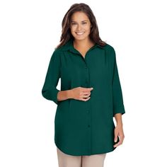 Woman Within Women's Plus Size Three-Quarter Sleeve Peachskin Button Front Shirt .This soft button down has a comfy, generous fit and a peached finish for extra smoothness. Three-quarter sleeves with a turnback cuff are easy and polished, making it a great piece for everyday wear or for work. Super comfortable and versatile  its just what you need. Shirttail hem30 length hits at the upper thighWoven poly, importedMachine washable. About the brand: At Woman Within were the experts in plus size co Shrug Cardigan, Womens Scrubs, Woman Within, Career Dress, Swimsuits For All, Swimwear Cover Ups, Tunic Shirt, Button Front Shirt, Cardigan Tops