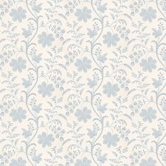 a blue and white floral wallpaper with small flowers on the left side of it