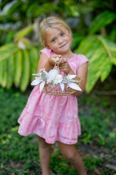 A desert-inspired, bohemian flower girl basket & matching accessories.  'Fleur' features neutral clusters of artificial blooms and grassy accents that easily pair with your wedding floral arrangements.  She's easy to carry & perfectly sized for flower girls of all ages. An optional ring bearer pillow is designed to match.  Pair with our whimsical bohemian crown for a complete look. / ADDITIONAL DETAILS -------------------- * Sturdy, champagne gold wire basket Medium Double Handles:  9.5"L x 6.5" Gold Flower Girl Basket, Desert Wedding Decor, Gold Wire Basket, Bohemian Crown, Bohemian Flower Girl, Gold Flower Girl, Flower Girl Baskets, Floral Arrangements Wedding, Wire Basket