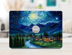 the dell laptop has been painted with an image of a night sky and stars on it