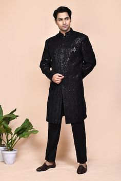 Black full sleeve sherwani with thread, sequin embroidery in geometric pattern. Paired with pant, brooch and pocket square. - Aza Fashions Sequin Embroidery, Black Thread, Sequins Embroidery, Full Sleeves, Mandarin Collar, Pocket Square, Embroidery Thread, Aza Fashion, Full Sleeve