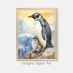 an image of a penguin and its chick in watercolor on paper with the caption imagine digital art