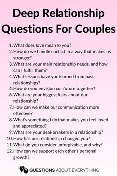 Spice up your next date night with these relationship questions for couples! From deep and meaningful to fun and light-hearted, these questions will help you and your partner have open and honest conversations.  PIN this NOW and SAVE these questions for when you're ready to dive into some heart-to-heart discussions! Questions For Couples Deep, Questions To Ask Boyfriend Deep, Deep Relationship Questions To Ask Him, Deep Questions To Ask Partner, Relationship Questions For Him, Deep Questions For Couples, Deep Relationship Questions