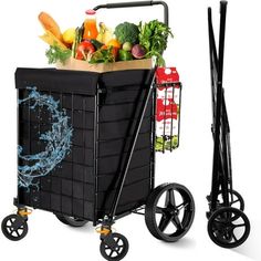 a black shopping cart with fruits and vegetables in it next to a grocery bag on wheels