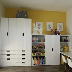 a room with white cabinets and yellow walls