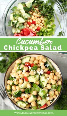 chickpea salad with cucumber and tomatoes in a glass bowl