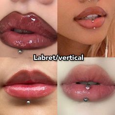 three different pictures of lips with piercings on them and the words labret vertical