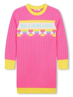 pink ribbed knit intarsia-knit logo round neck long sleeves contrasting trim pull-on style Girls Knitted Dress, Pull Rose, Dress With Jean Jacket, Baby Boy Accessories, Dolce And Gabbana Kids, Dress Girl, Knitted Dress, Knitting Girls, Stella Mccartney Kids