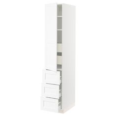 a tall white cabinet with two doors and three drawers on the bottom, against a white background