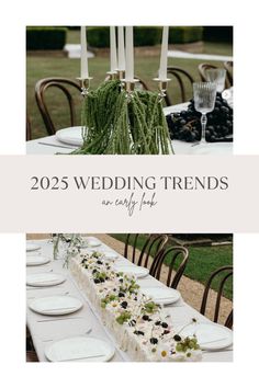 the table is set with white plates and silverware, greenery, and candles