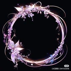 a circular frame with purple flowers and stars on it, in the middle of a black background