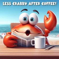 a crab reading a newspaper while holding a coffee cup and looking at the camera with an angry look on his face