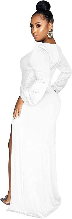 Look sophisticated and classy with this beautiful white maxi dress. It features deep V-neck with ruched detailing, long sleeves and a split design that provide a flattering fit. The timeless silhouette provides elegance with modern style. Imported 100% Polyester Zipper closure Hand wash only/ Machine wash Brand Size Dress Bust Waist Hip XS 0-2 31-32.5'' 23-24'' 31-34" S 4--6 33-35'' 25-26'' 35-37" M 8--10 35-36'' 27-28'' 38-39" L 12--14 38-40'' 29-31'' 40-42" XL 14-16 40-42'' 33.5-36'' 44-46" 2XL 18-20 42-44'' 37-40'' 47-50" 3XL 22-24 44-46'' 41-46'' 51-55" 4XL 26-28 46-48'' 47-50'' 56-60" White Stretch V-neck Maxi Dress, White V-neck Stretch Maxi Dress, White Ruched Maxi Dress For Formal Occasions, White Ruched V-neck Maxi Dress, Elegant Long Sleeve Maxi Dress With Side Slits, White Long Sleeve Stretch Maxi Dress, White Stretch Long-sleeve Maxi Dress, White Stretch Maxi Dress For Formal Occasions, Formal White Stretch Maxi Dress