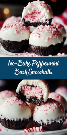 no bake peppermint bark snowballs on a plate