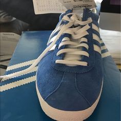 Hard To Find Men's Adidas Gazelles Og. Classic Blue Sneakers With Laces, Classic Blue Lace-up Sneakers, Adidas Blue Sneakers With Cushioned Footbed, Blue Leather Adidas Sneakers, Adidas Gazelles, Adidas Zx Flux, Adidas Crazy, Superstars Shoes, Adidas Blue