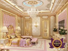 an image of a fancy bedroom with chandelier and pink bed linens on the floor