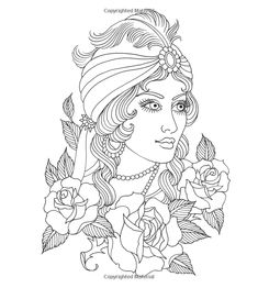 a girl with flowers in her hair and roses around her neck, coloring page for adults