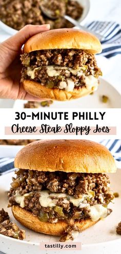 two pictures showing the steps to make an easy sloppy joe sandwich with cheese, steak and peppers