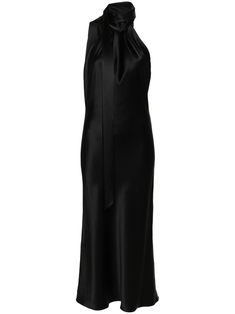 black satin weave halterneck tie fastening rear button fastening concealed rear zip fastening open back sleeveless column silhouette long length Sleek Halter Neck Midi Dress For Formal Occasions, Sleek Halter Neck Midi Dress For Formal Events, Sleeveless Satin Finish Halter Dress For Formal Occasions, Sleeveless Satin Finish Halter Dress For Formal Events, Formal Sleeveless Satin Finish Halter Dress, Satin Sleeveless Evening Dress For Black-tie Events, Silk Bias Cut Floor-length Halter Dress, Elegant Satin Halter Dress For Dinner, Satin Halter Neck Slip Dress For Dinner