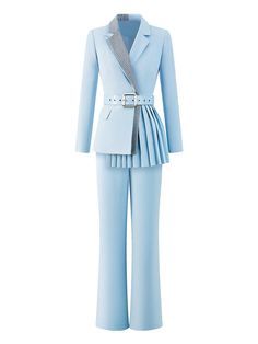 With this matching belted blazer & flare pantsuit, you'll look like you've got it all together when you've got an occasion calling for sharp dressing. This updated version of the dressy suit set will show them who's in charge around here.Blazer High-low bottom with pleated side Notched lapels Waist buckle belt Front flap pockets Pants: Zip fly closure Front slant pockets Flare bottom - 76.4% Polyester, 18.4% viscose, 5.2% spandex - Dry Clean- Item #1101- Women's belted blazer & flare pants set S Chic Belted Spring Sets, Chic Belted Sets For Spring, Fitted Belted Evening Pantsuit, Elegant Belted Pantsuit For Evening, Tailored Spring Pantsuit With Belt Loops, Tailored Pantsuit With Belt Loops For Spring, Elegant Belted Sets For Spring, Chic Fitted Belted Sets, Chic Tailored Pantsuit With Belt Loops