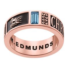 Add some extra class to your school ring with this gorgeous design filled with customizable options! Featuring radiant Rose Gold Plated, this stunning band showcases an eye-catching design that is sure to stand the test of time. Personalize the top with a pair of brilliant birthstones, a name, an initial, school year, and a graphic representing a favorite extracurricular activity, sport, or any desired icon. PLUS you can add an engraved message, full name, or any desired text inside the band. Fa Extracurricular Activity, High School Rings, Baguette Cut Ring, School Rings, College Rings, Graduation Rings, High School Graduation Gifts, School Memories, Jewelry Images