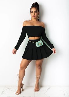 Sexy Off Shoulder Long Sleeve Crop Top Pleated Skirt 2 Piece Set Casual Two-piece Party Tops, Casual Two-piece Top For Party, Trendy Two-piece Skirt For Night Out, Midriff Outfits, Skirt 2 Piece Set, Summer Wraps, Colorful Crop Tops, Off Shoulder Shirt, Crop Dress