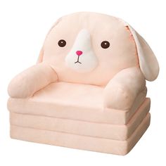 a pink chair with a white dog face on it's head and legs, sitting in front of a white background