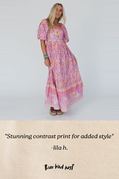 Whether you're dressing up for a special event or just want to add some boho flair to your everyday look, the Shannon Border Print Maxi Dress is sure to make a statement! Lightweight, woven fabric with so pretty floral print Maxi length with a flowy silhouette Flattering square neckline with 3/4 length puff sleeves Convenient side pockets Gathered tiers with stunning contrast print for added style and movement Pair with: Sophie Crochet Lace Bralette. Sparrows Song Necklace and Seeing Stars Brace Boho Essentials, Bralette Outfit, Sparrows, Floral Print Maxi, Border Print, Pink Maxi Dress, Lace Bralette, Printed Maxi Dress, Square Neckline