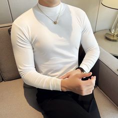 High Quality Half Turtleneck Stretch T-shirt Slim-Fit Long-Sleeved Cotton Tight Mid-Collar Bottoming Solid Slim Fit Crew Neck T-shirt, White Fitted T-shirt For Fall, Fitted White T-shirt For Fall, Casual White Turtleneck T-shirt, Stretch Fit White T-shirt, Solid Color Stretch Turtleneck T-shirt, White Stretch T-shirt For Fall, Solid Stretch Turtleneck T-shirt, Stretch Turtleneck T-shirt