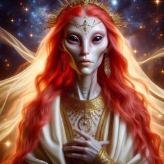 a painting of a woman with red hair and white skin wearing gold jewelry, surrounded by stars