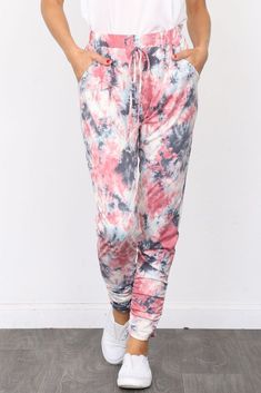 Charcoal Pink Tie Dye Jogger Pants Casual Pink Bottoms For Lounging, Casual Pink Lounging Bottoms, Stretch Pants With Drawstring For Leisure, Stretch Pink Pants With Drawstring, Pink Stretch Pants With Drawstring, Pink Stretch Bottoms For Leisure, Pink Stretch Pants For Leisure, Pink Stretch Leisure Pants, Spring Leisure Joggers With Drawstring