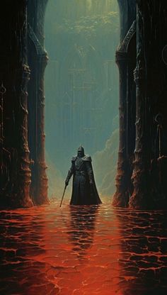 a painting of a man standing in the middle of a dark tunnel with red water