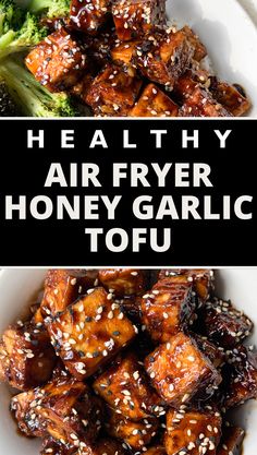 healthy air fryer honey garlic tofu recipe with broccoli and sesame seeds