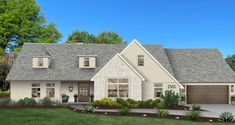 this is an artist's rendering of a house in the country style with two car garages