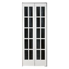 an open white door with black glass on the front and side doors to both sides