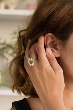 White green Dahlia Ring, Green Pink Flower ring, Chrysanthemum ring, Adjustable ring for her, Floral ring for her, Gift for sister Sterling Silver Daisy Jewelry, Handmade Flower-shaped Ring, Feminine Flower Ring For Wedding, Spring Flower Jewelry For Anniversary, Elegant Daisy Shaped Jewelry, Spring Jewelry For Anniversary, Spring Wedding Sterling Silver Jewelry, White Flower Jewelry With Birth Flower Detail, White Ring Jewelry For Spring