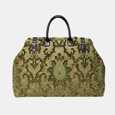 Damask Fern Green Large Carpetbag Overnight Travel Bag, Burnout Velvet, Carpet Bag, Fern Green, Overnight Bags, Large Carpet, Woven Texture, Leather Accents, Mary Poppins