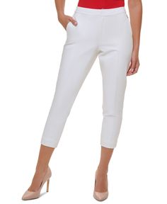 in stock Elegant White Cropped Leg Pants, Elegant Capri Length Pants For Workwear, Elegant White Cropped Pants, Elegant Fitted Capri Length Pants, White Cropped Leg Workwear Bottoms, Cream Cropped Leg Workwear Bottoms, Cream Cropped Leg Bottoms For Work, White Cropped Leg Bottoms For Work, Elegant Spring Capri Pants