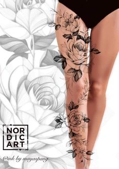 a woman's legs with tattoos and flowers on them