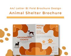 an animal shelter brochure is shown in orange and white with paw prints on it