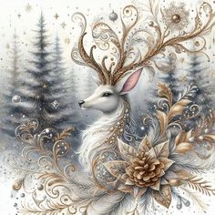 a deer with antlers on it's head is surrounded by snow and pine trees