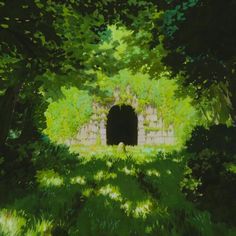 a painting of a tunnel in the woods with trees surrounding it and grass growing all around