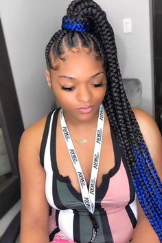 Stunning Cornrow Braids To Look Like A Magazine Cover ★ Feed In Braids Ponytail, Blue Braids, Blue Ombre Hair, Kanekalon Hairstyles, African Hair Braiding Styles, Braids Hairstyles Pictures