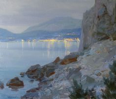 an oil painting of rocks and water with the city lights in the distance behind them