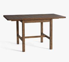 a wooden table with two legs and a square shaped top, on a white background