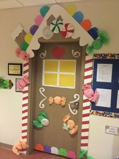 a door decorated with candy and decorations