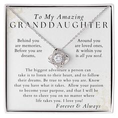 This pendant necklace makes a great: Christmas gift for your granddaughter, birthday gift for her, Valentine's Day or graduation gift for your granddaughter The unique message card included in the jewelry box reads: To My Amazing Granddaughter, If I could give you just one thing, it would be to see yourself through my eyes. Then you should see how awesome you are. You are strong, you are brave, and you will succeed. Follow your dreams and believe in yourself, for I will always be in your corner Father's Day Necklace With Gift Box, Birthday Gift Necklace With Hallmark, Valentine's Day Birthday Gift Wrapped Jewelry, Birthstone Necklace For Father's Day Anniversary Gift, Anniversary Birthstone Jewelry Gift, Anniversary Jewelry With Birthstone, Birthstone Jewelry For Anniversary Gift, Mother's Day Anniversary Birthstone Necklace, Mother's Day Gift: Round Birthstone Necklace