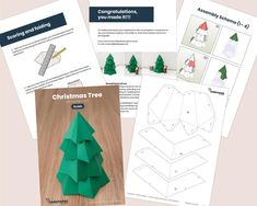 four christmas tree origami pieces are shown in three different colors and sizes, with instructions on how to make them