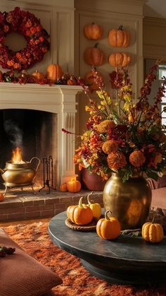 a living room decorated for fall with pumpkins and gourds in the fireplace