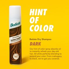 Take your hair from flat to fab with Batiste Dark Dry Shampoo. This waterless shampoo targets excess oil and grease at the roots, leaving you feeling clean between washes. Batiste Dark Hair Dry Shampoo is tinted for darker brunettes, formulated with a hint of color to eliminate white residue and blend seamlessly with dark hair. It has mild notes of bergamot, white peach, and vanilla bean for a pleasant scent. Suitable for anyone with dark hair—color-treated or natural—from mahogany to midnight b Dry Shampoo Dark Hair, Natural Dark Hair, Batiste Dry Shampoo, Dry Shampoo Hairstyles, Lifeless Hair, Hair Dry, Color Spray, Baby Lotion, Color Shampoo